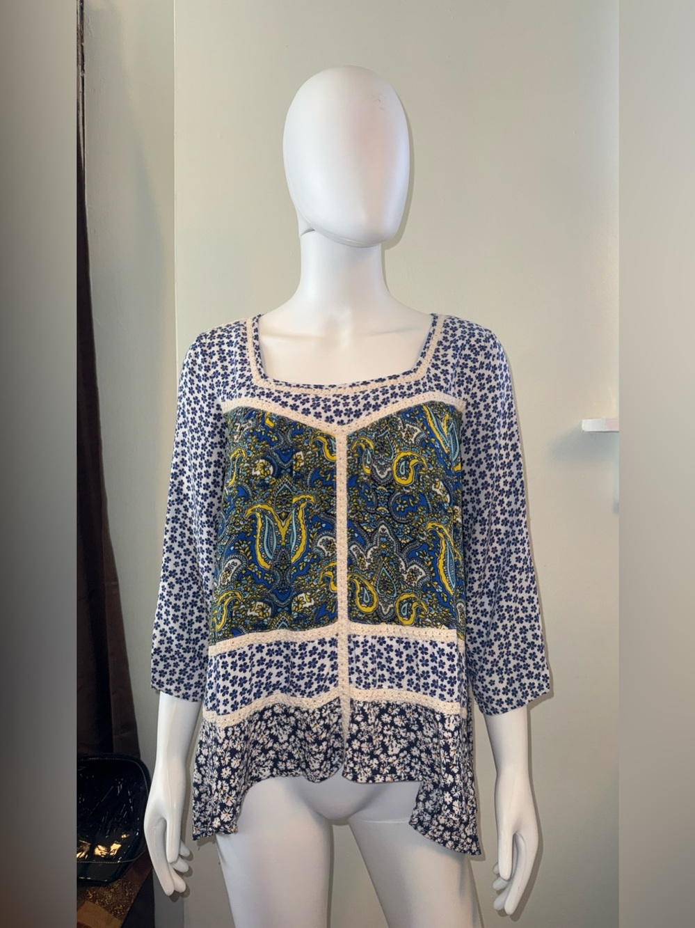 Freeway Patchwork Paisley Square-Neck Tunic in Blue and Yellow-Green